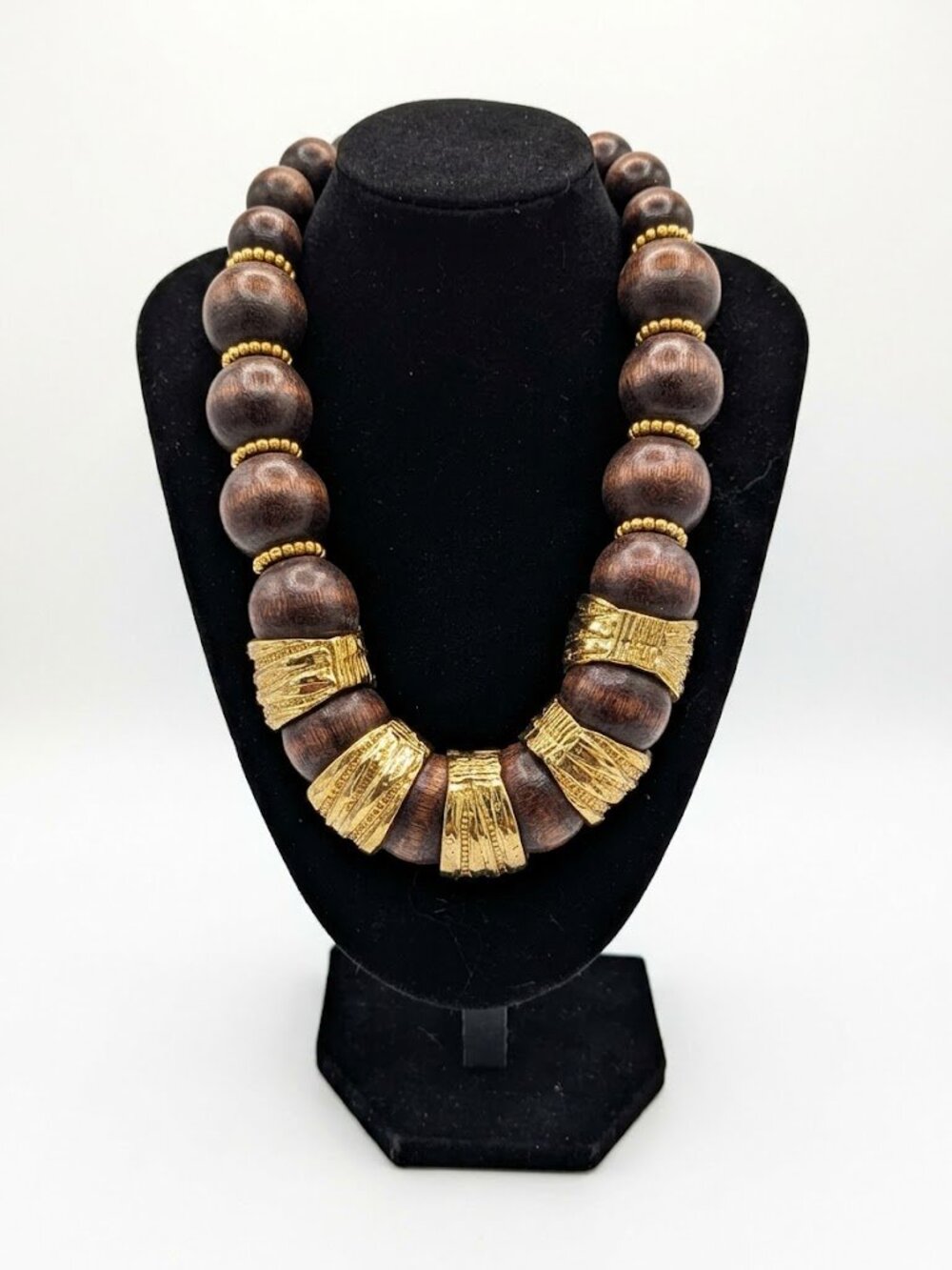 Cadoro Chunky Vintage Wood & Gold Beaded Statement Necklace | Boho Tribal Collar